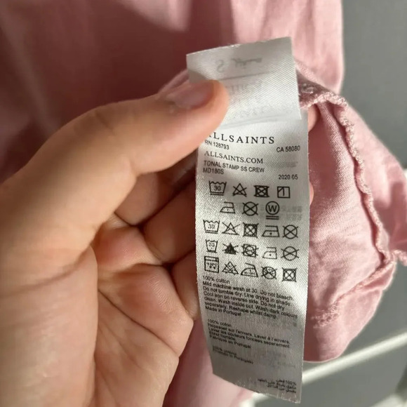 AllSaints Tonal Stamp Short Sleeve Crew T-Shirt Washed Putty / Opal Pink Size S - Picture 8 of 8